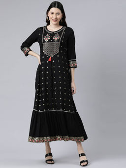 NEERU'S - Black Rayon Round Neck Dress