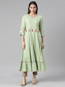 NEERU'S - Green Rayon Round Neck Dress