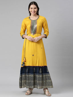 NEERU'S - Mustard Rayon Round Neck Dress (Set of 2)