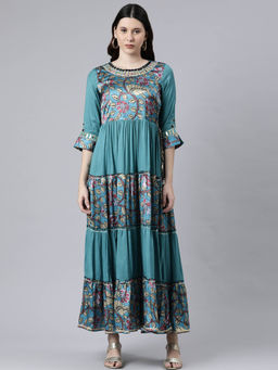 NEERU'S - Turquoise Satin Round Neck Dress