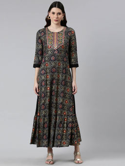 NEERU'S - Black Embellished Rayon Round Neck Long Kurta