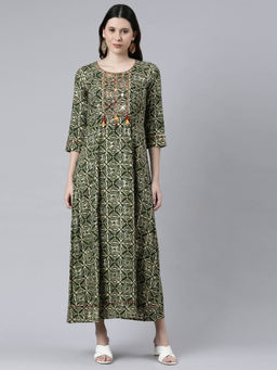 NEERU'S - Green Rayon Round Neck Dress