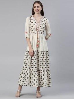 NEERU'S - Green Rayon V-Neck Dress