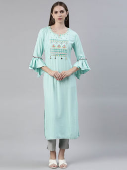 NEERU'S - Green Embroidered Rayon Round Neck Kurta