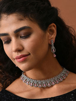 Sohi - Silver Plated Green Pink Stone Studded Jewellery (Set of 2)
