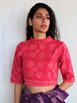 Chidiyaa - Butterfly Girls Pink Block Printed Cotton Crop Top Blouse
