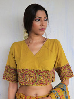 Chidiyaa - Good Old Days Mustard Angarakha Handprinted Cotton Crop Top Blouse