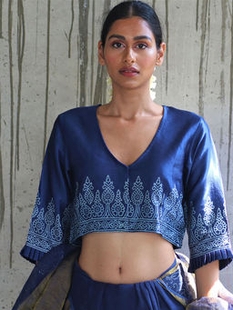 Chidiyaa - Manjari Blue Mashru Silk Block Printed Blouse