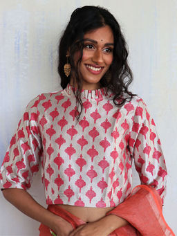 Chidiyaa - The Melting Moon Cream Pink Block Printed Mashru Silk Blouse