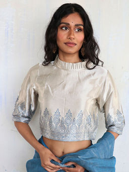 Chidiyaa - The Melting Moon Cream Blue Block Printed Mashru Silk Blouse