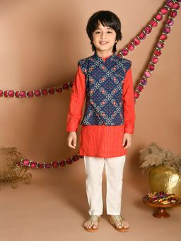 Lil Pitaara - Boys Pure Cotton Kurta With Jacket And Pajama Red (Set of 3)
