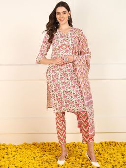 Vaamsi - Women Pink Cotton Floral Printed Straight Suit Kurta with Pant and Dupatta (Set of 3)