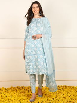 Vaamsi - Women Blue Cotton Floral Printed Straight Suit Kurta with Pant and Dupatta (Set of 3)