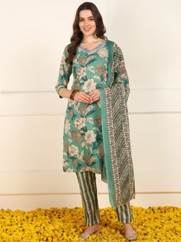 Vaamsi - Women Green Cotton Floral Printed Straight Suit Kurta with Pant and Dupatta (Set of 3)