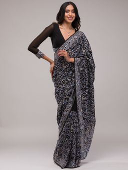 Koskii - Black Threadwork Georgette Saree with Unstitched Blouse