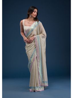 Koskii - Beige Sequins Shimmer Georgette Saree with Unstitched Blouse