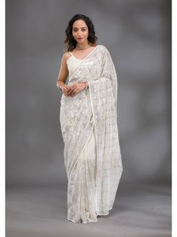Koskii - Off White Sequins Georgette Saree with Unstitched Blouse