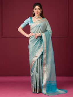 Koskii - Turquoise Blue Zariwork Tissue Saree with Unstitched Blouse