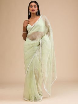 Koskii - Women Zariwork (Silver) Organza Saree With Unstitched Blouse