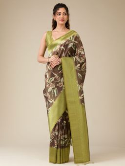 Koskii - Brown Printed Art Silk Saree with Unstitched Blouse
