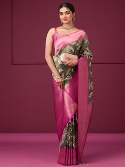 Koskii - Mehendi Printed Art Silk Saree with Unstitched Blouse