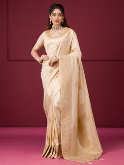 Koskii - Cream Zariwork Art Silk Saree with Unstitched Blouse