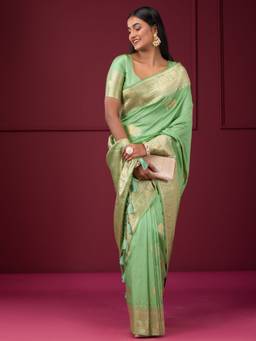 Koskii - Women Zariwork (Gold) Silk Saree With Unstitched Blouse