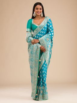 Koskii - Turquoise Blue Swarovski Raw Silk Saree with Unstitched Blouse