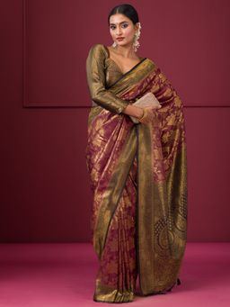 Koskii - Maroon Zariwork Soft Silk Saree with Unstitched Blouse
