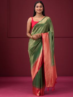 Koskii - Bottle Green Zariwork Soft Silk Saree with Unstitched Blouse
