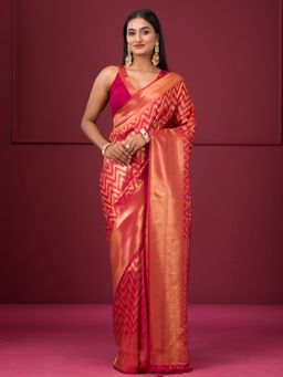 Koskii - Pink Zariwork Soft Silk Saree with Unstitched Blouse