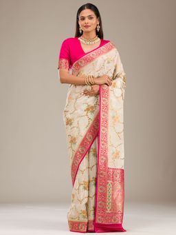 Koskii - Women Zariwork (Gold) Silk Saree With Unstitched Blouse