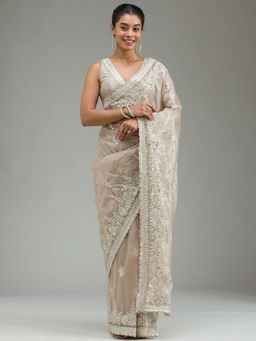 Koskii - Women Zariwork (Silver) Organza Saree With Unstitched Blouse