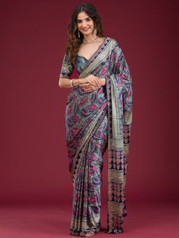 Koskii - Women Stonework (Silver) Satin Saree With Unstitched Blouse