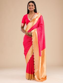 Koskii - Red Woven Banarasi Silk Saree with Unstitched Blouse