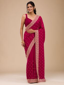 Koskii - Maroon Embroidered Soft Silk Saree with Unstitched Blouse