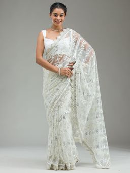 Koskii - Off White Threadwork Net Saree with Unstitched Blouse