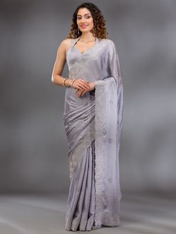 Koskii - Grey Swarovski Satin Saree with Unstitched Blouse