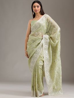 Koskii - Mehendi Sequins Tissue Saree with Unstitched Blouse