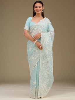 Koskii - Sky Blue Sequins Tissue Saree with Unstitched Blouse