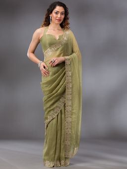 Koskii - Pista Green Stonework Tissue Saree with Unstitched Blouse