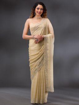 Koskii - Cream Stonework Chiffon Saree with Unstitched Blouse