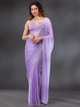 Koskii - Women Stonework (Silver) Organza Saree With Unstitched Blouse