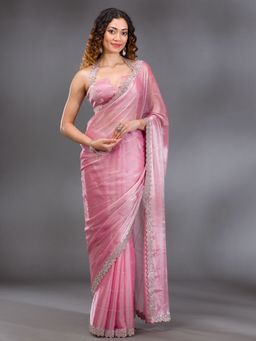 Koskii - Onion Pink Silver Stonework Satin Saree with Unstitched Blouse