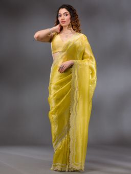 Koskii - Women Stonework (Silver) Organza Saree With Unstitched Blouse