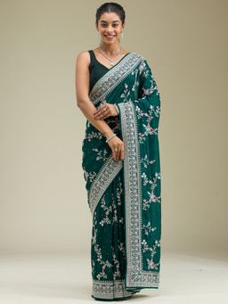 Koskii - Bottle Green Threadwork Silk Saree with Unstitched Blouse