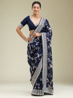 Koskii - Navy Blue Threadwork Silk Saree with Unstitched Blouse