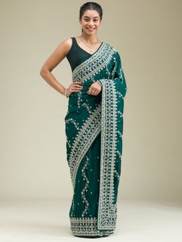 Koskii - Bottle Green Threadwork Silk Saree with Unstitched Blouse