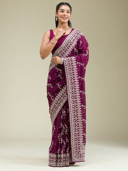 Koskii - Wine Threadwork Silk Saree with Unstitched Blouse