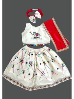 Mini Maana - Diya Ivory Muslin Cotton Embroidered Skirt with Blouse & Dupatta